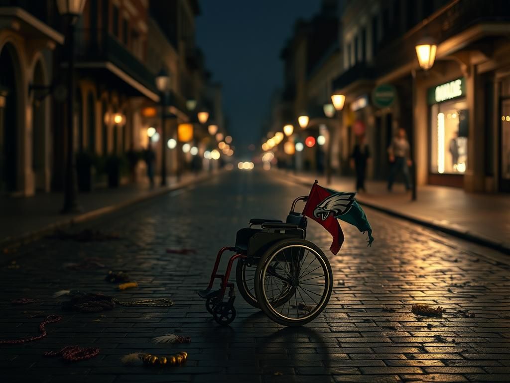 Flick International A poignant scene on Bourbon Street with a single wheelchair and an Eagles flag symbolizing resilience after a tragedy.