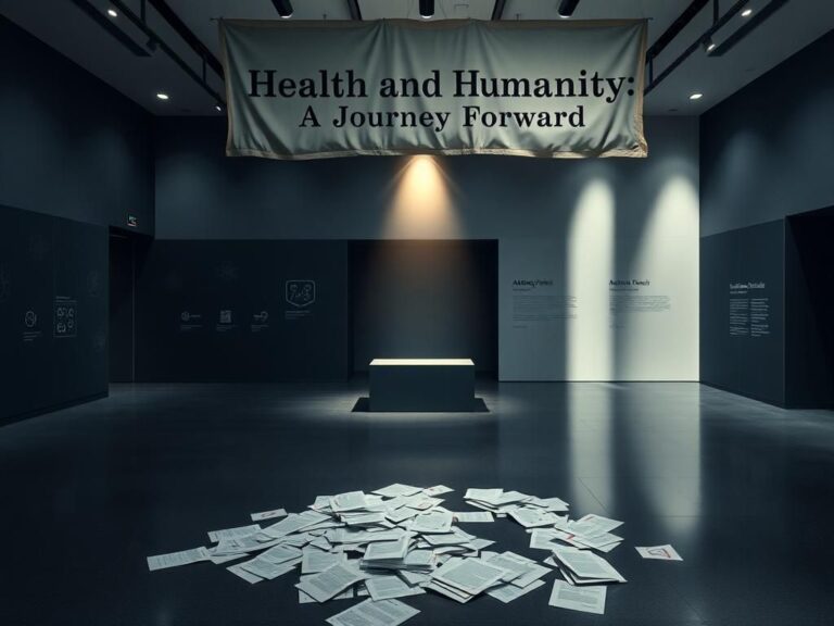 Flick International Empty museum space symbolizing the canceled Anthony Fauci exhibit with discarded documents scattered on the floor