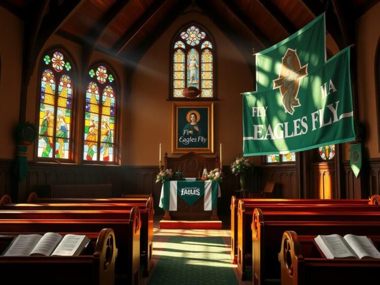 Flick International A vibrant church interior decorated for the Eagles with a large 'Fly Eagles Fly' banner