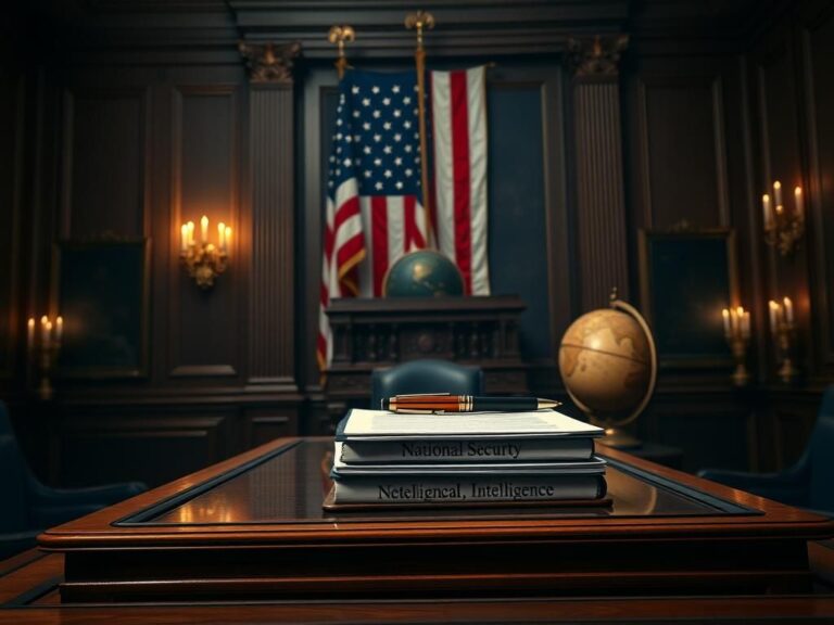 Flick International Ornate wooden desk in a dimly lit Senate chamber representing national security and decision-making