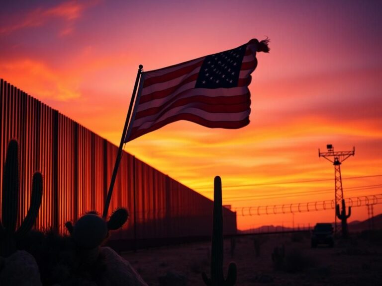 Flick International Border checkpoint at dusk with American flag and border wall