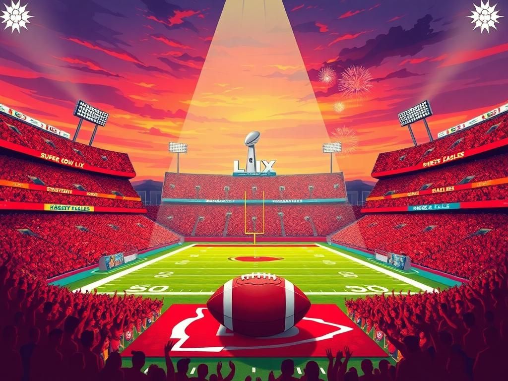 Flick International A vibrant illustration of a Kansas City Chiefs football stadium filled with colorful fans, depicting Super Bowl LIX anticipation.