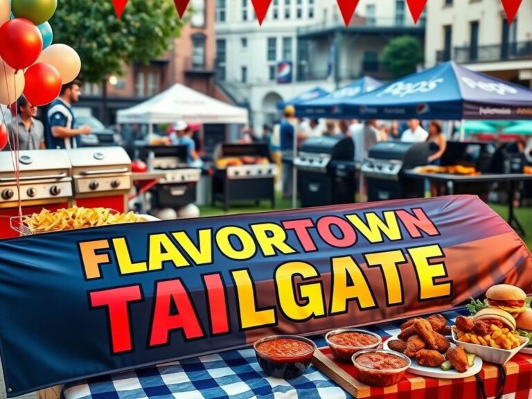 Flick International Vibrant outdoor tailgate scene at the Super Bowl celebration featuring Flavortown Tailgate banner and a table of delicious foods.