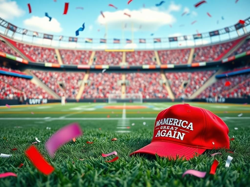 Flick International A vibrant sports scene with a 'Make America Great Again' hat on a football field