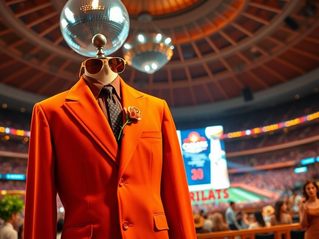 Flick International Vintage burnt orange suit with gold rose pin displayed inside Caesars Superdome