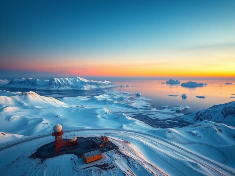 Flick International Aerial view of Greenland’s rugged landscape with military base and icy terrains