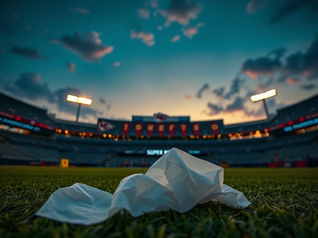 Flick International Close-up of a crumpled tissue on the green turf of an empty football stadium at dusk, symbolizing emotion and reflection.