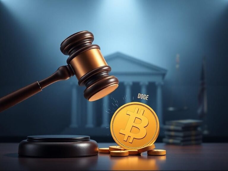 Flick International A gavel striking down on a fragmented DOGE cryptocurrency in a courtroom setting