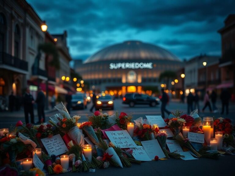 Flick International Memorial setup featuring flowers, candles, and messages for terror attack victims in front of the Superdome