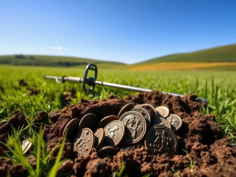 Flick International Partially unearthed Roman coins amidst rich soil under a bright sky