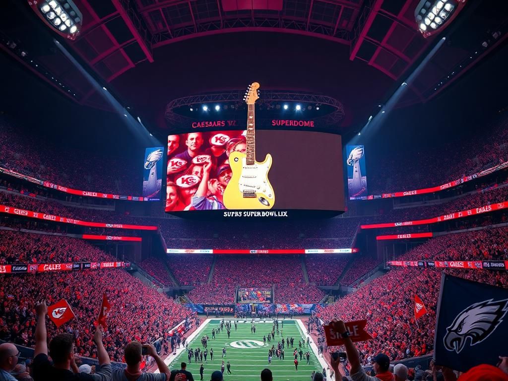 Flick International Scene at Super Bowl LIX showing jumbotron with Taylor Swift's image amidst cheering and booing fans