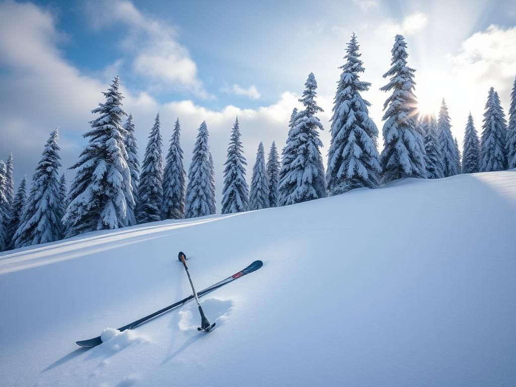 Flick International Snow-covered ski trail at Gore Mountain Ski Resort with abandoned ski pole symbolizing loss