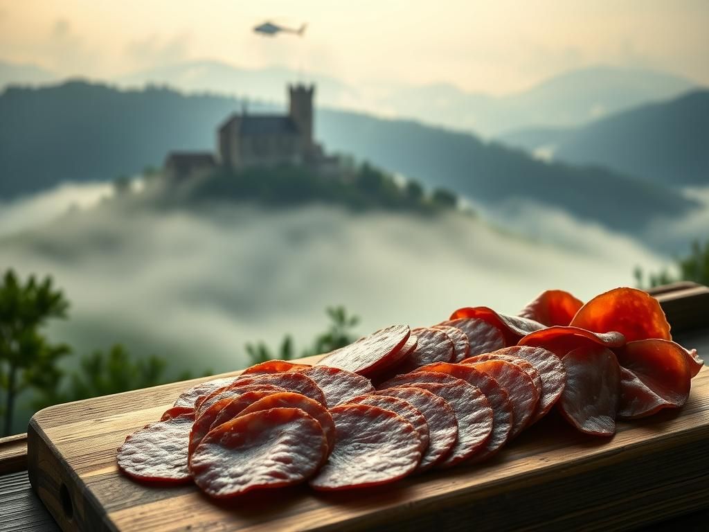 Flick International Serene landscape with a medieval castle and sliced salumi in northern Italy