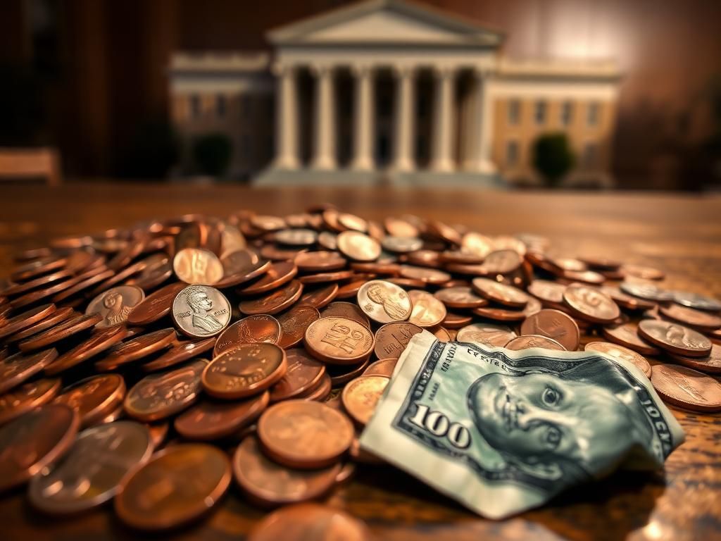 Flick International Close-up view of a pile of tarnished pennies on a wooden table with a faded U.S. Mint building in the background