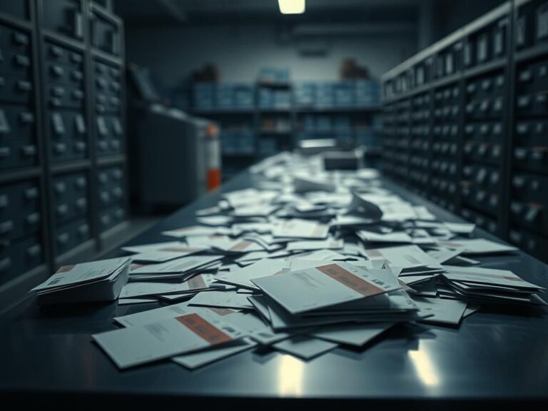 Flick International Dimly lit postal processing center filled with unopened envelopes and checks