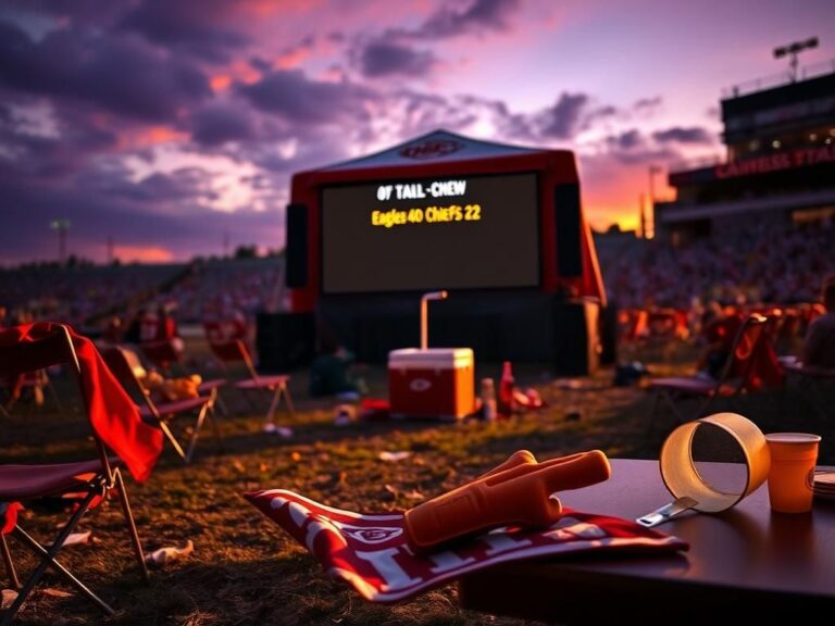 Flick International A desolate Chiefs tailgate party scene at sunset with remnants of fan gear