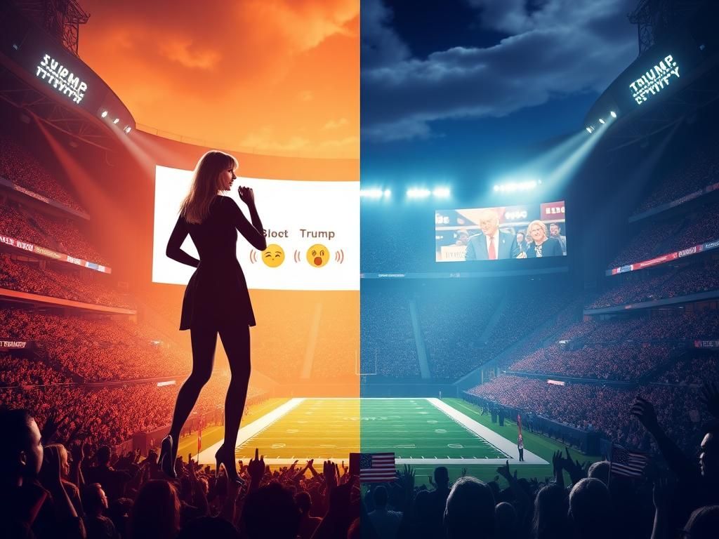 Flick International A split scene of Super Bowl LIX showing a cheering crowd and Taylor Swift's silhouette overshadowed by boos.