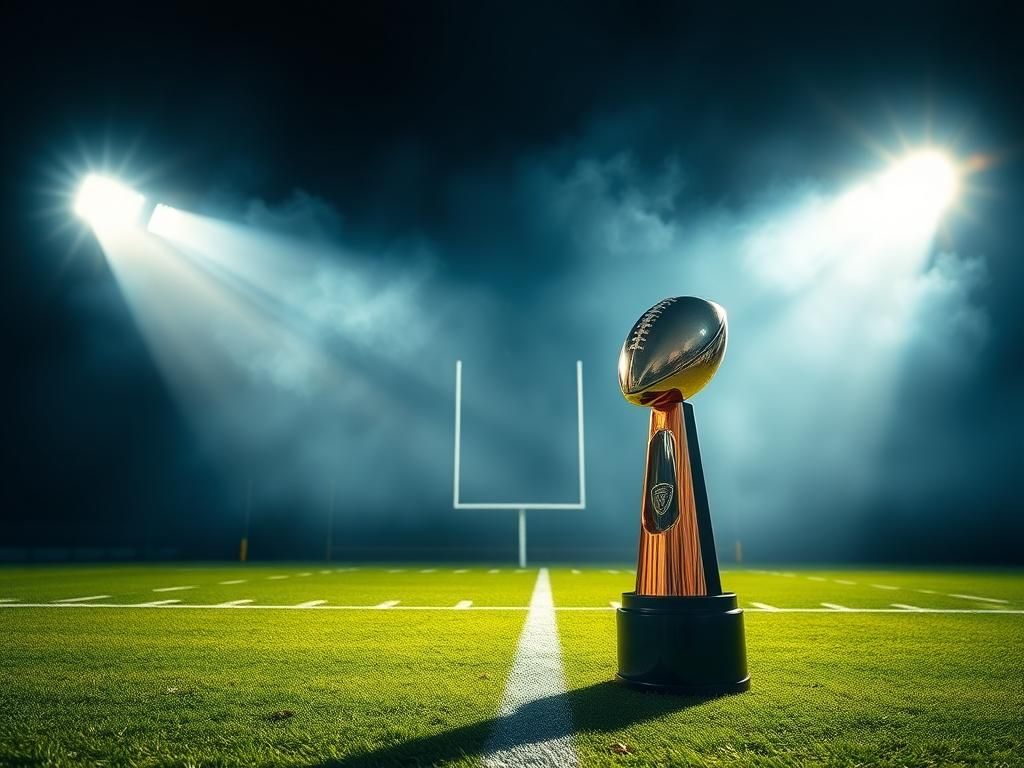 Flick International Nighttime football scene with Super Bowl MVP trophy on pedestal