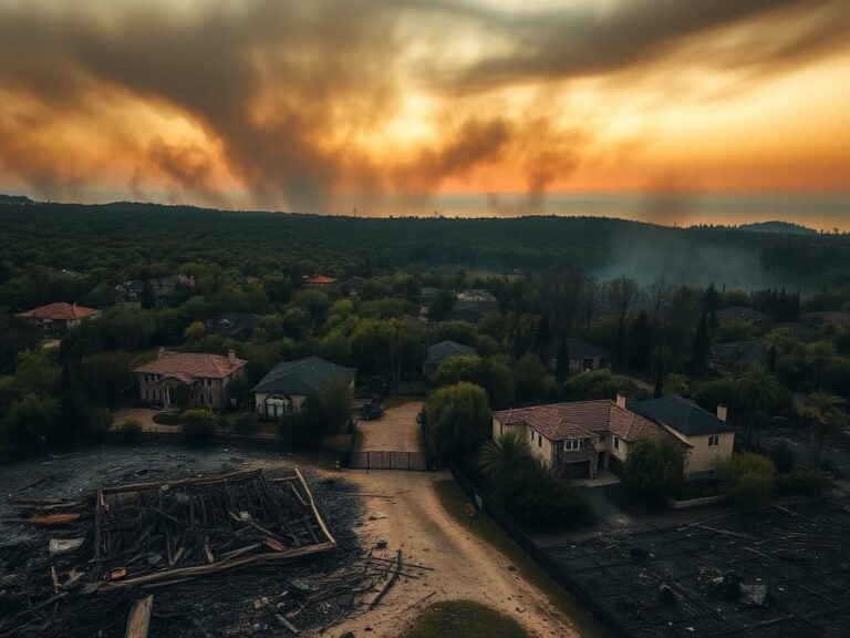 Flick International Aerial view of a scorched landscape in a wealthy residential area affected by wildfires