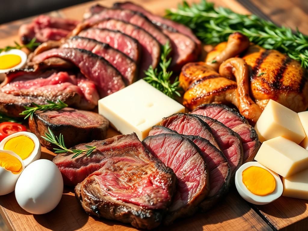 Flick International Colorful carnivore diet spread featuring high-quality meats and fresh eggs