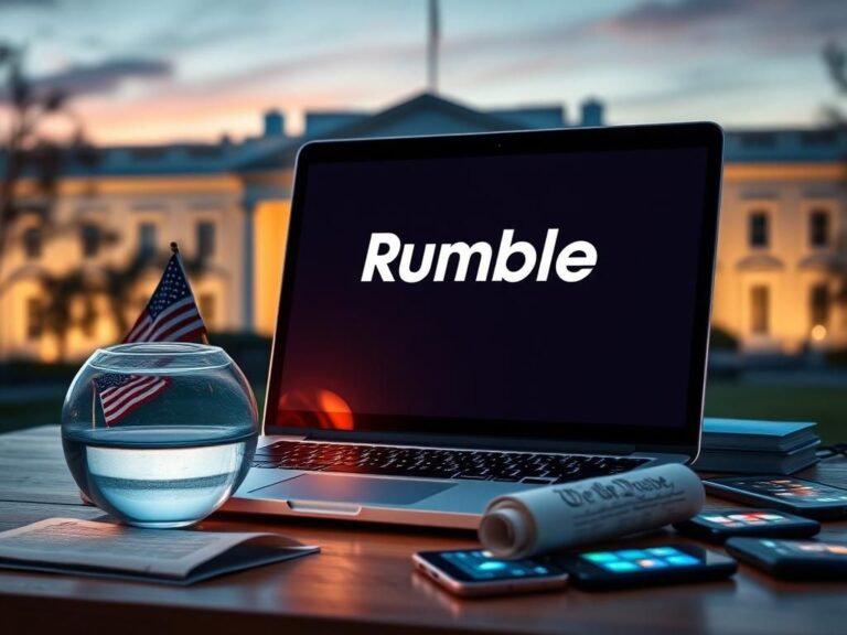 Flick International Glowing open laptop on a wooden desk with Rumble logo, symbolizing digital communication