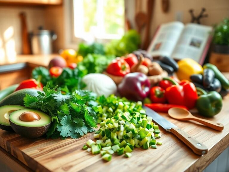 Flick International Vibrant kitchen scene with fresh fruits and vegetables on a wooden countertop