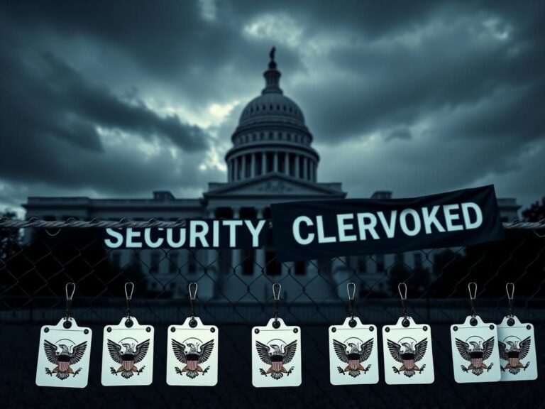 Flick International Imposing government building symbolizing national security with empty security clearance badges