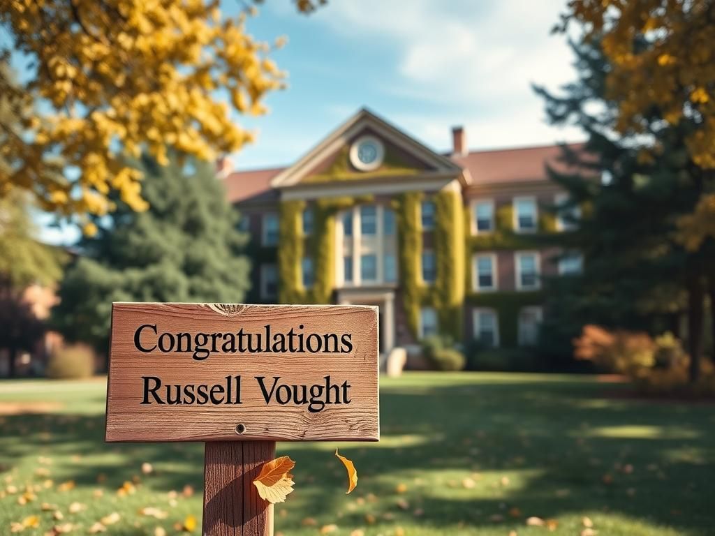 Flick International Serene campus scene at Wheaton College with wooden signpost congratulating Russell Vought