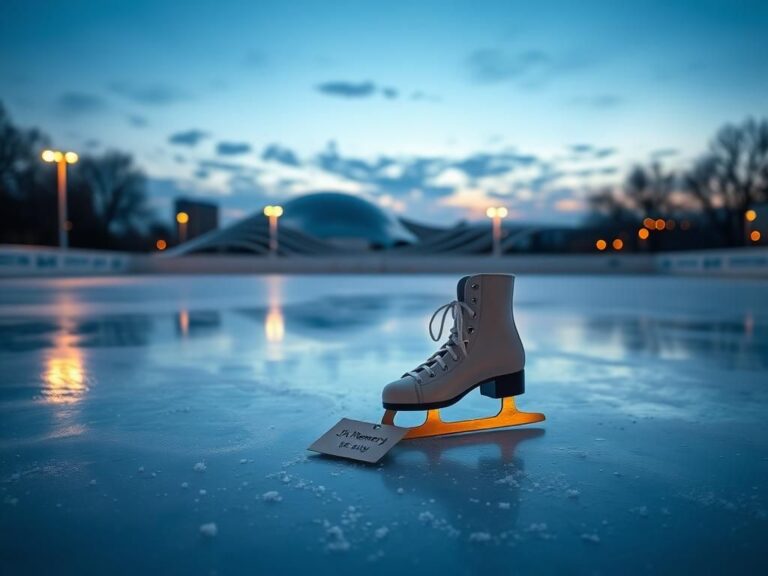 Flick International Serene ice skating rink under twilight sky with ice skates for remembrance