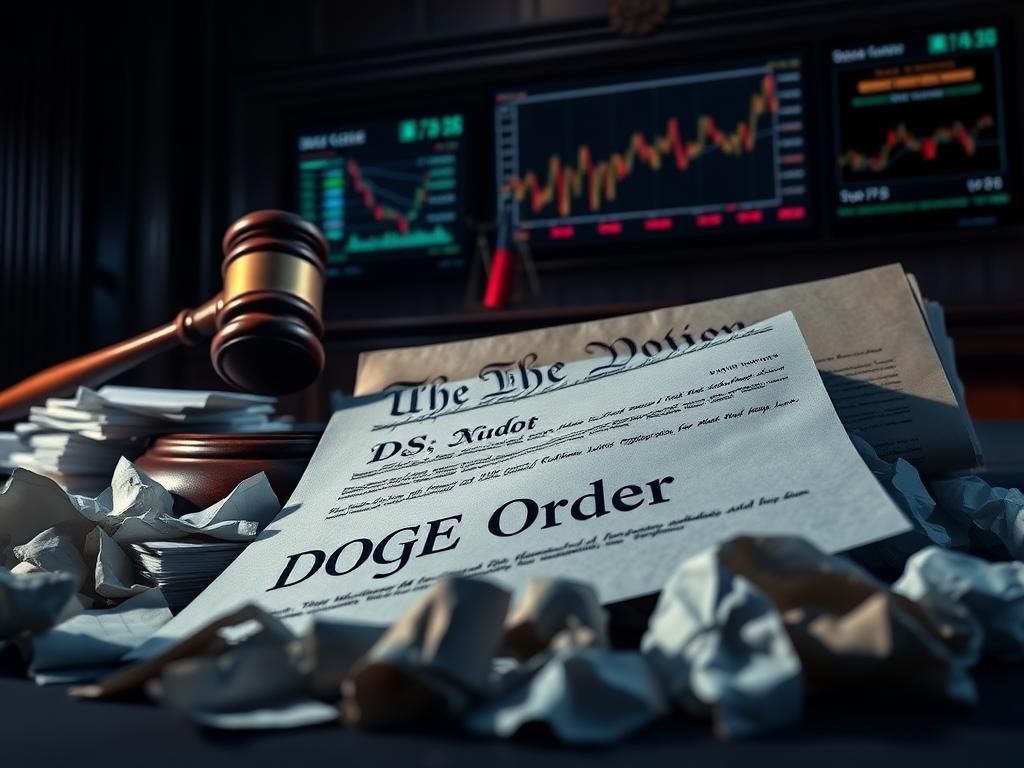 Flick International Dramatic courtroom scene featuring gavel and overturned DOGE Order