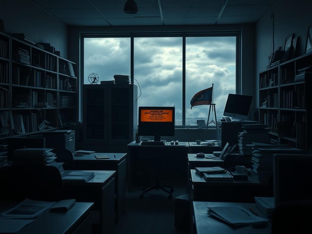 Flick International Dimly lit office with empty desks and a flickering computer screen symbolizing unease