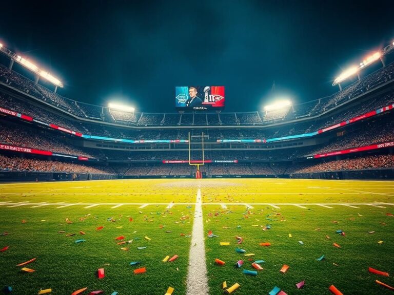 Flick International Post-game football stadium scene with confetti and scoreboard