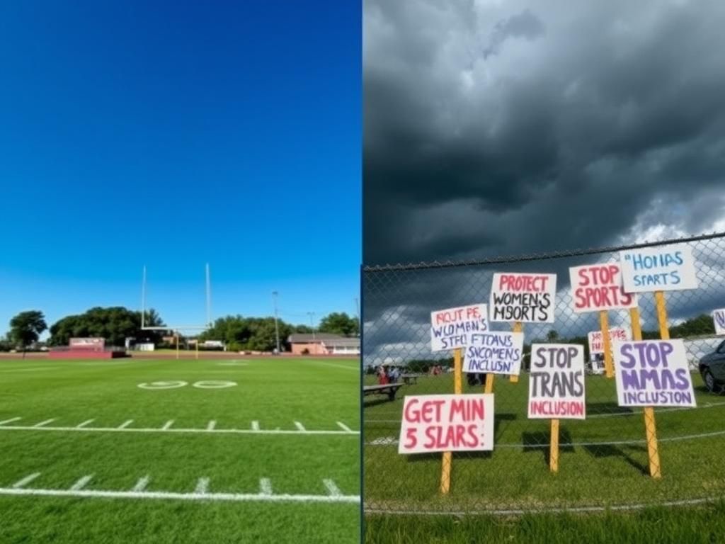 Flick International Split-screen image contrasting a bright high school football field with a dark stormy sky and protest signs.