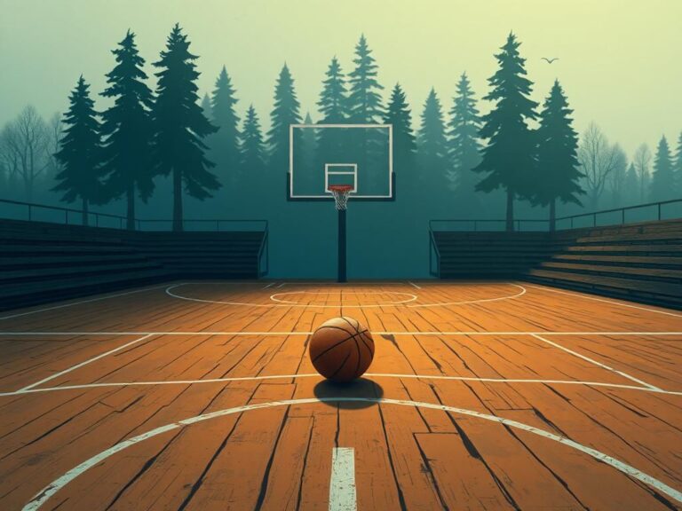 Flick International Weathered basketball court with a lone basketball at center court highlighting themes of division and identity