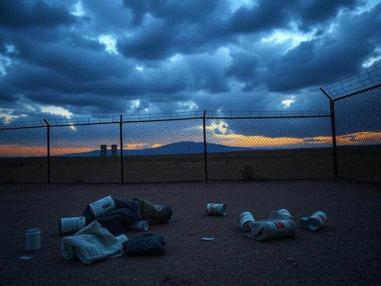 Flick International Stark border landscape at dusk with a chain-link fence symbolizing the U.S.-Mexico border