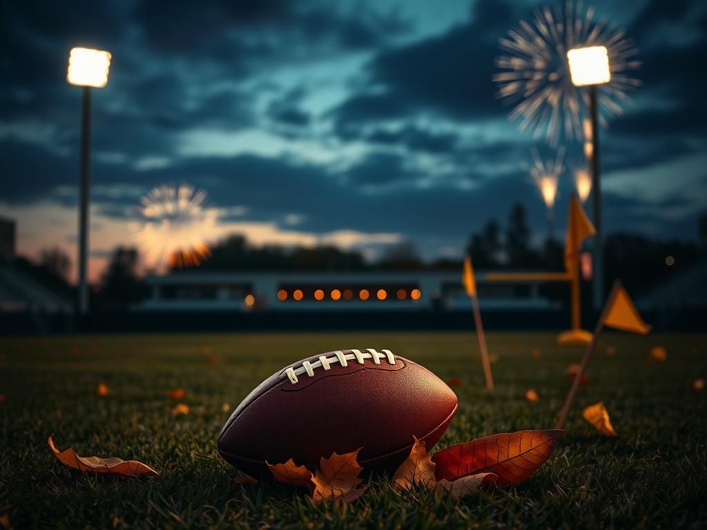 Flick International Abandoned football on a field at dusk, surrounded by autumn leaves