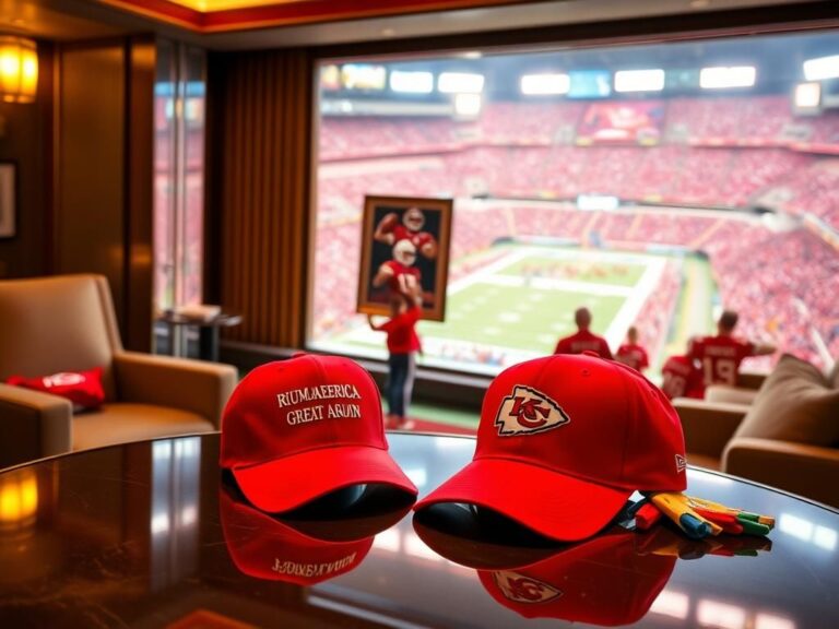 Flick International A luxurious Super Bowl suite with Kansas City Chiefs merchandise and a MAGA hat.