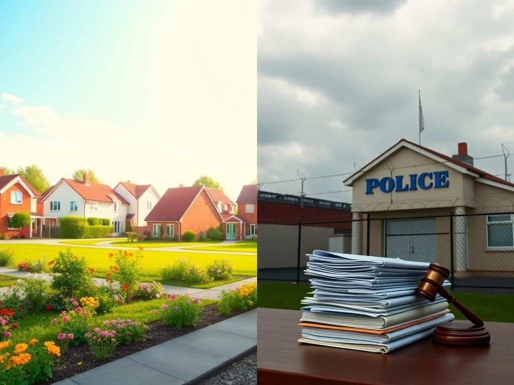 Flick International A split-screen image contrasting a suburban community and a police station