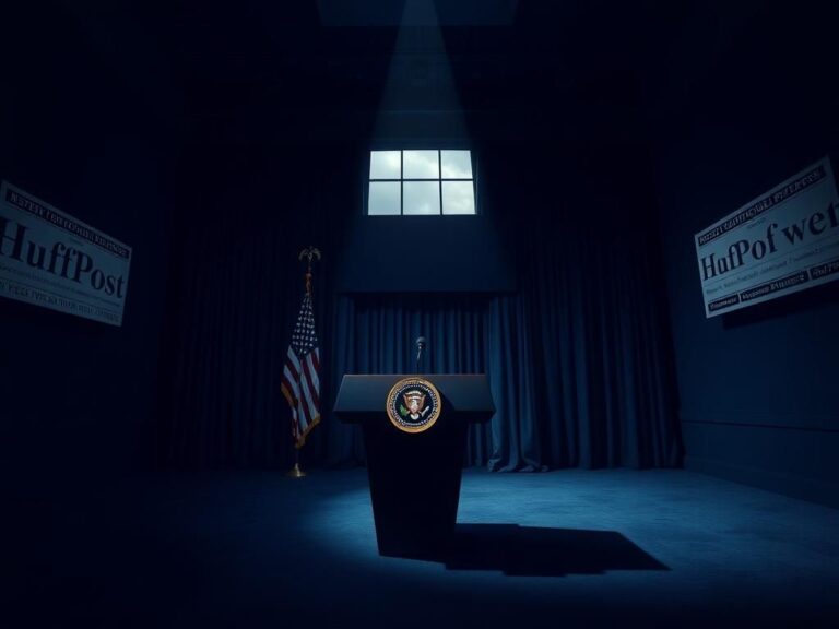 Flick International Stark empty press briefing room with presidential podium under spotlight