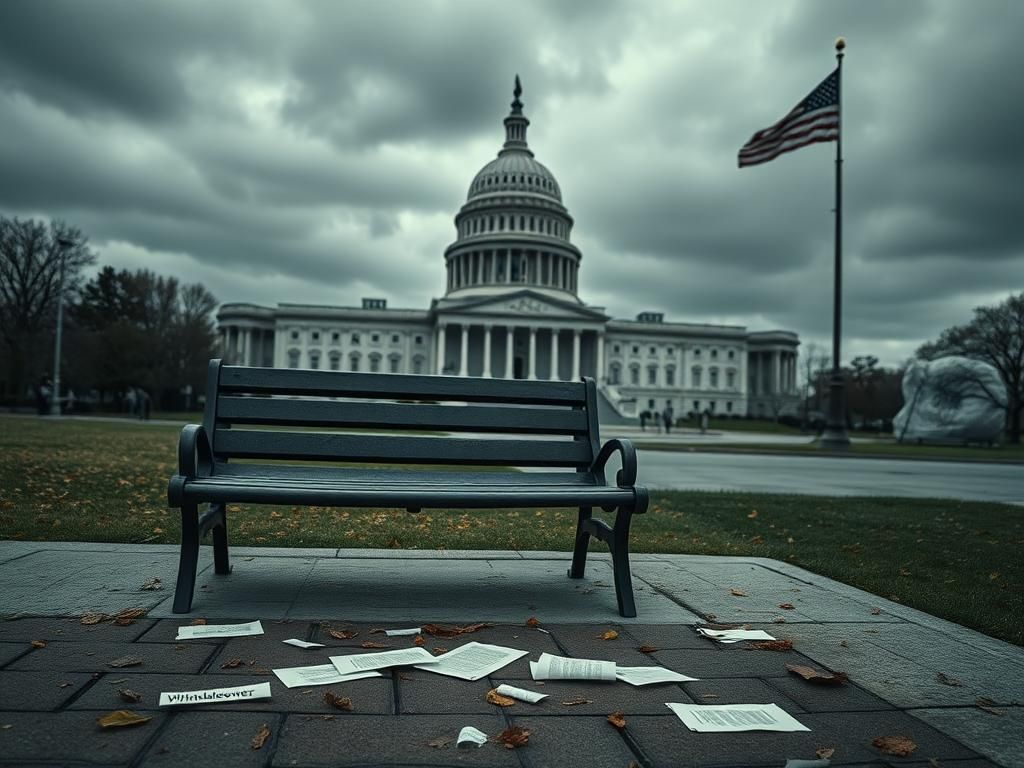 Flick International A somber scene of the U.S. Capitol building under an overcast sky with an empty bench and scattered papers symbolizing public debate.