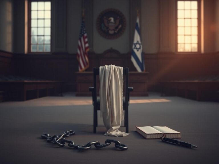 Flick International Empty New York City Council chamber with symbolic elements representing a protest against anti-Israel agenda