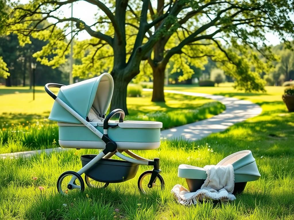 Flick International Modern stroller and car seat in a serene park setting