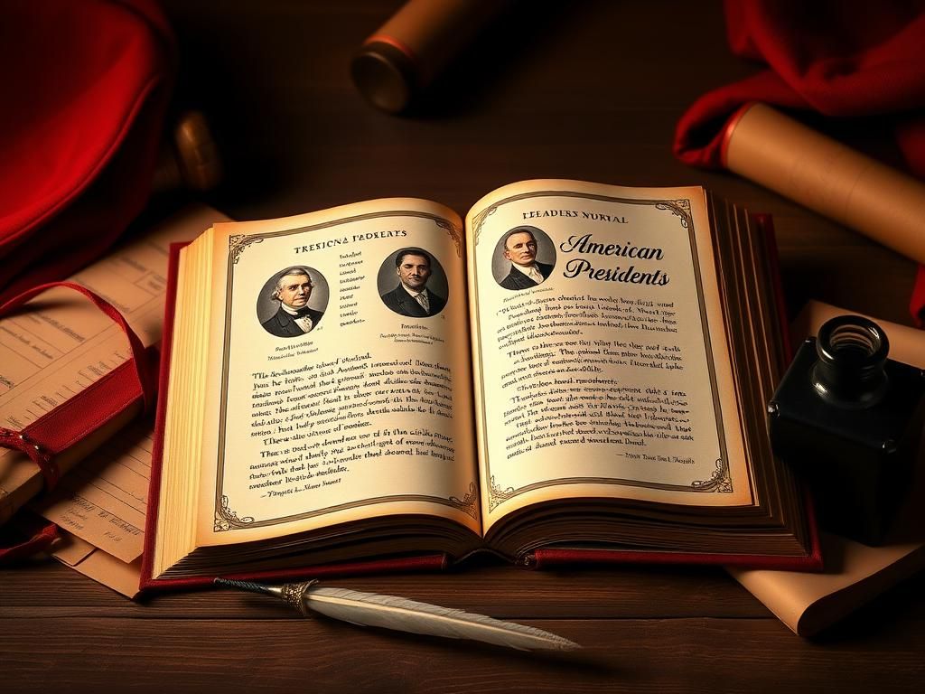 Flick International Vintage-style book displaying illustrated pages of American presidents with quotes and traits