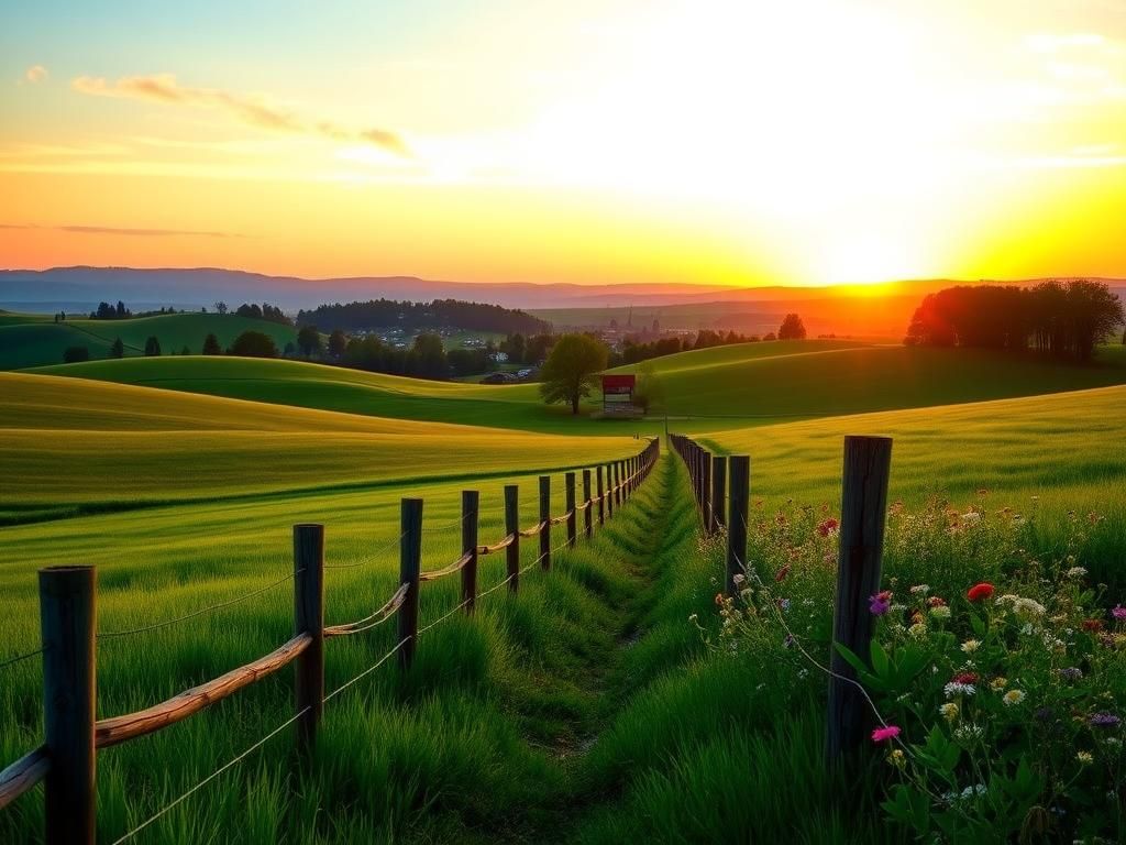 Flick International Serene American landscape at sunrise with rolling hills and vibrant fields symbolizing hope.