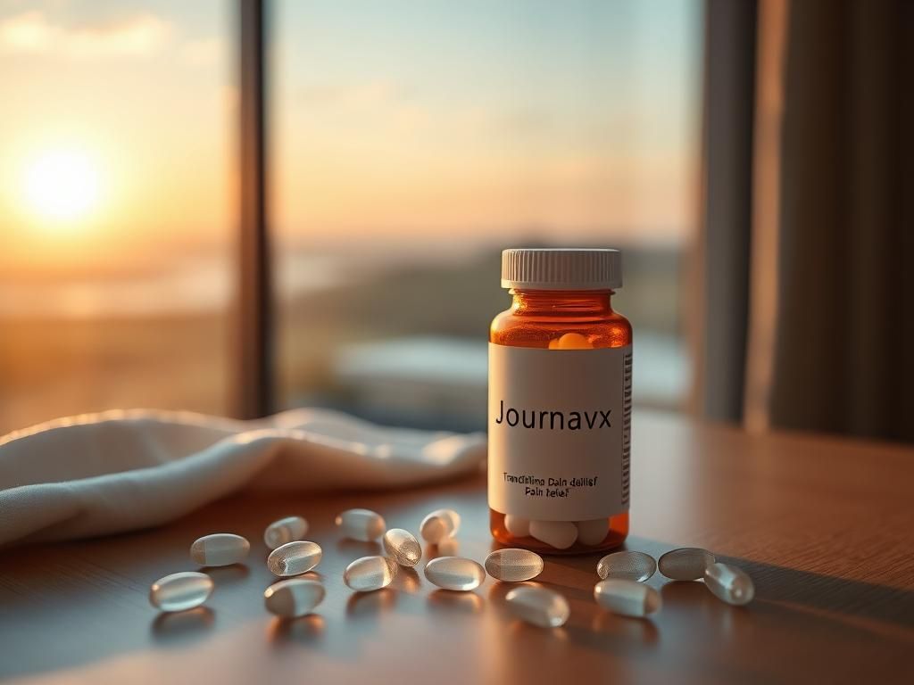 Flick International Close-up of a pill bottle labeled 'Journavx' with translucent capsules on a wooden table