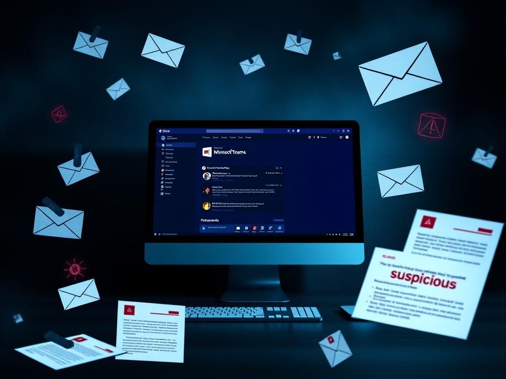 Flick International Microsoft Teams interface displayed on a computer screen surrounded by shadows and phishing attack elements