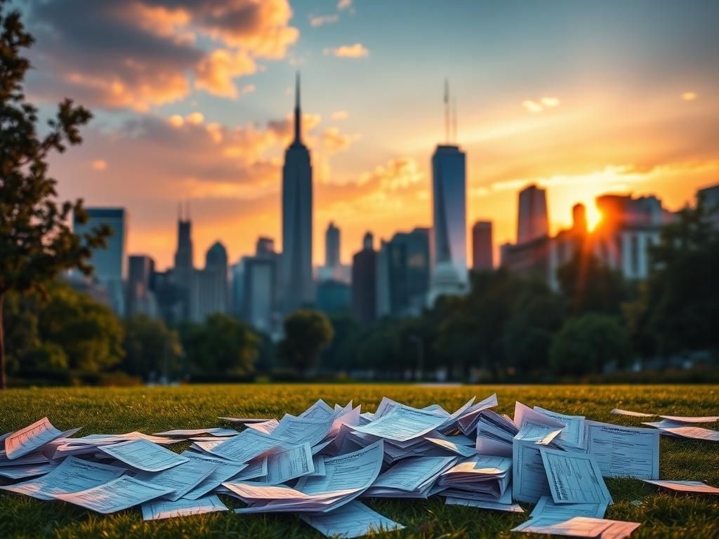 Flick International A vibrant New York City skyline at sunset with diverse ballots scattered in a park