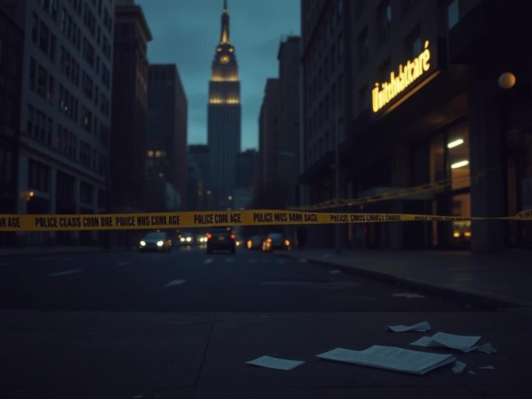 Flick International Somber urban scene of a deserted Manhattan street at dusk with police tape