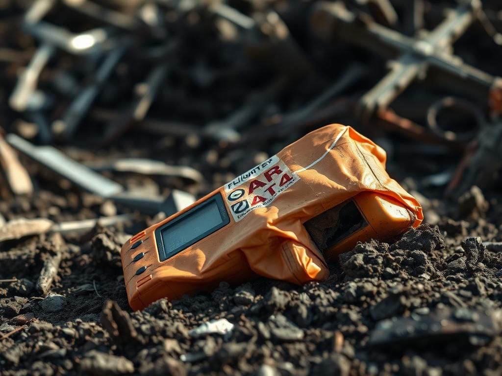 Flick International Close-up of a crumpled orange flight data recorder at a plane crash site