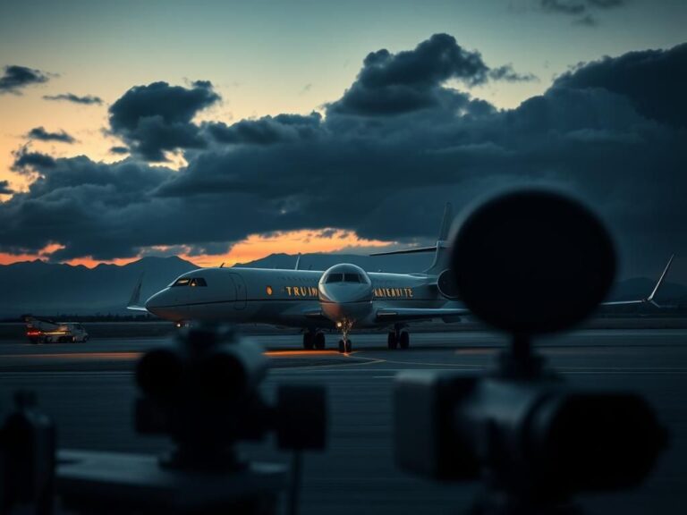 Flick International A sleek, unmarked aircraft parked on a secluded airstrip under a moody twilight sky, symbolizing imminent political threats.